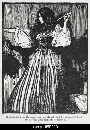 Abbildung: ein Mädchen in einem gestreiften Kleid aus Schatz Roland. Die Märchen der Gebrüder Grimm. Mit Ill. von Arthur Rackham. London: William Heinemann, [1925]. "Das Mädchen holte den Zauberstab, und dann nahm sie ihren Schritt - die Schwester von Kopf und ließ drei Tropfen Blut aus.". Quelle: 12410. r. 7. Seite 158. Autor: RACKHAM, Arthur. Gebrüder Grimm. Stockfoto