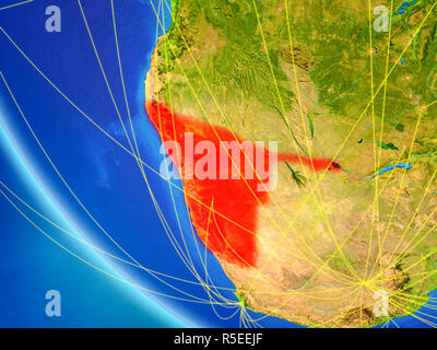 Namibia auf dem Planeten Erde aus dem Weltraum mit Netzwerk. Konzept der internationalen Kommunikation, Technik und Reisen. 3D-Darstellung. Elemente dieser imag Stockfoto