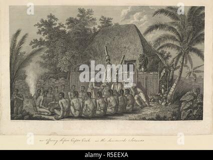 Vor Captain Cook in der Sandwich-Inseln. Von John Webber gezeichnet; die Landschaft Gravur von Samuel Middiman; die Zahlen, die von John Hall. Eine Szene in Hawaii 1778. Hawaiian Männer auf dem Boden um vier europäische Männer sitzen, und Spanferkel. Hinter der Europäer steht eine Figur in einem großen Maske, und im Hintergrund ist ein eingezäunter Gehäuse mit einem steilen Dach strohgedeckten Gebäude. Es gibt Palmen und andere einheimische Vegetation links und rechts. Eine Sammlung von Zeichnungen von A. Buchan, S. Parkinson, und J. F. Miller, in den Ländern, besucht von Kapitän James Cook Stockfoto