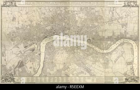 Ein Plan, der die Städte London und Westminster. Eine Skala von 26 Zoll auf der Meile. Ein Plan, der die Städte London und Westminster, der Stadtteil Southwark, und die angrenzenden Gebäude: Westminster Bridge. 1745. Quelle: Maps. Crace. 3.107. Sprache: Englisch. Autor: John Russell. Stockfoto