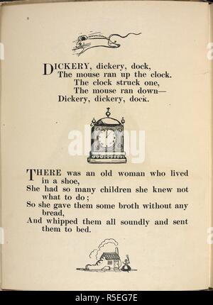 "Dickery ickery, Dock, die Maus, bis die Uhr lief.". Kinderreime, mit Bildern von C.L. Fraser. London: T.C.&E.C.-Buchse, [1919]. Quelle: 12800.ddd.31 auf Seite 8. Autor: Fraser, Claud Lovat. Stockfoto