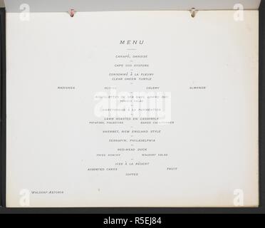 Menü für die Neu-england Gesellschaft in der Stadt New York 98th jährliche Festival (22. Dezember 1903). . [Eine Sammlung von Speisekarten der Abendessen und Berichte von Feierlichkeiten in den Vereinigten Staaten von Amerika in den Jahren 1890-1904, gebildet von Miss F.E. Buttolph. In drei Bänden gebunden.]. [1890-1904]. Siehe auch Datei N 10002-51. Quelle: C.120.f 2 Band 3 Nr. 29. Sprache: Englisch. Stockfoto