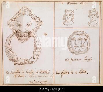 Zeichnungen mit der Darstellung eines Messing türklopfer an Warboys Kirche in Cambridgeshire; zwei Köpfe in Warboys Kirchenchor und zwei Gesichter an Warboys Manor House. Den Türklopfer aus Messing, an Warbois ch Tür. 30. Juni 1757. Pen und braune Farbe mit Grau waschen. Quelle: Karten K. Top. 16.15. Sprache: Englisch. Stockfoto