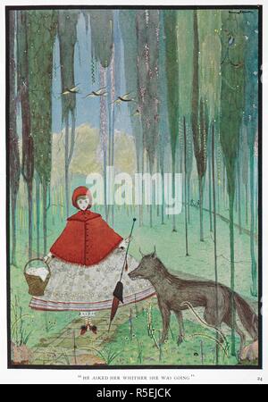 "Er fragte, wohin sie ging." Rotkäppchen und der Wolf, in einem Wald. Die Märchen von Charles Perrault. [Das übersetzen. G. A. Harrap & Co.: London, [1922]. Quelle: 12450. v.1, Platte gegenüberliegenden Seite 24. Sprache: Englisch. Stockfoto