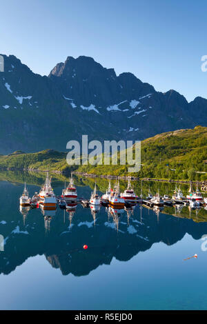 Fischerboote in Fjord, Austnesfjorden, Vagan, Lofoten, Nordland, Norwegen Stockfoto