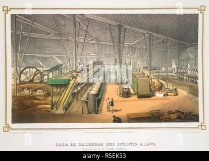 Casa de Calderas. Los Ingenios. Coleccion De Vistas de los. Havanna, 1857. Casa de Calderas del Ingenio Alava. Propiedad del SeÃ±oder Don JuliÃ¡n Zulueta. Innenraum eines kochendes Haus in Kuba. Bild von Los Ingenios genommen. Coleccion De Vistas de los principales ingenios de Azucar de la Isla de Cuba. Edicion de Lujo. El texto redactado por J. G. Cantero Las lÃ¡Minas dibujadas del Natürliche y litografiadas por Eduardo Laplante, usw. (Habana, 1857.). Ursprünglich veröffentlicht in Havanna, 1857 produziert. . Quelle: 1780. C.14,. Sprache: Spanisch. Stockfoto