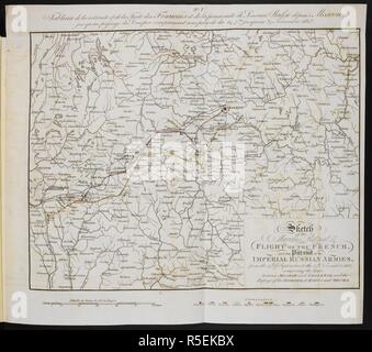 Karte mit der Route der Rückzug von Napoleons Armee, die zwischen dem 14. September auf den 24. November 1812, von Moskau nach Orcha, am Fluss Dnepr. Skizze eines Amtsblatt der Rückzug und Flucht der französischen Armeen aus Moskau, und die Ausübung der Russen, zu ihrer Ankunft an der Weichsel. London: Schulze & Dean, 1813. Quelle: 9076. Ich 17, erste Karte. Sprache: Englisch/Französisch. Stockfoto