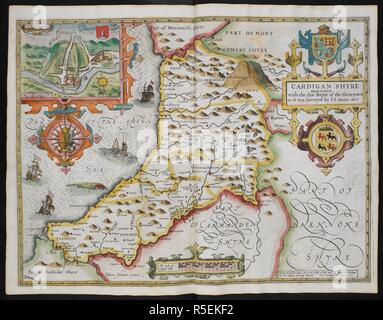 Strickjacke Shyre beschrieben mit der due forme des shiretown wie es von I.s. annon 1610 befragt wurde. Eine Karte von cardiganshire; Inset, eine Karte der Strickjacke. Das Theater des Reiches von Großbritannien. London: John Sudbury & George demütig, 1611. Quelle: Karten C.7. C.20. (2.), w.113. Thema: Geschwindigkeit, John. Stockfoto