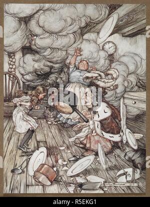 Alice in einer Küche mit der Herzogin, einem Koch und die Cheshire Cat. Alices Abenteuer im Wunderland Illustriert von Arthur Rackham. Mit einem proem durch Austin Dobson. L. S.. William Heinemann: London; Doubleday, Page & Co.: New York, [1907]. Einen ungewöhnlich großen Topf flog in der Nähe und sehr knapp. Quelle: K.T.C.105. b) 1. der gegenüberliegenden Seite 70. Autor: RACKHAM, Arthur. Carroll, Lewis, pseud. [D. h. Charles Lutwidge Dodgson]. Stockfoto