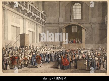 Die maundy Service im Banqueting House, Whitehall. Das Innere der königlichen Kapelle mit George III und Charlotte beobachtete aus der Königsloge, wie die armen Line up Liebe zu empfangen; Männer auf der linken und auf der rechten Seite; Mitglieder der Kongregation in die Bänke auf der rechten und dem Chor auf der linken Seite. . Eine farbige Blick auf die Verteilung der Seine Majestät "Maundy durch die Sub-almosenpfleger, in die Königliche Kapelle, im Whitehall. London, 1773. Quelle: Maps.K.. 26.5. r. Autor: Grimm, Samuel Hieronymous. Stockfoto