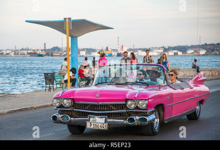 Touristen in einem rosa Cadillac cruising down Malecon Straße. Stockfoto