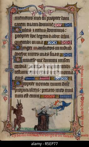 Bas-de-Seite Szene von der Jungfrau Maria, die eine Geißel zu knien Einsiedler, während ein Teufel flieht, mit Bildunterschrift lesen, â € "Cy baile n [Ost] Re Dame un-Kante ein un soen Bagnols pur enchacer Le deable q[ue]li vient [er]â € locken™. Buch der Stunden, Verwendung von Sarum (die "taymouth Stunden"). England, S.E.? (London?); 2. Quartal des 14. Jahrhunderts. Quelle: Yates Thompson 13, w.167. Sprache: Latein und Französisch. Stockfoto