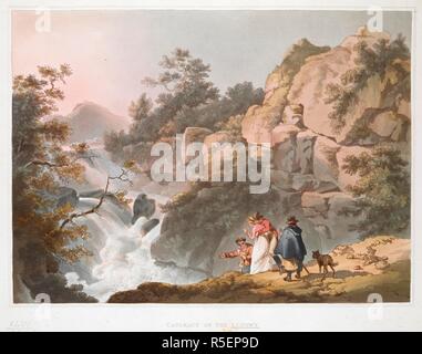 Zahlen und ein Hund stehen, Felsen und einem Wasserfall; Bäume in der gesamten Szene. Katarakt AUF DER LLUGWY. [London]: von R. BOWYER, Historische Galerie, Pall Mall, 1806 veröffentlicht. Aquatinta und Ätzen mit hand-Färbung. Quelle: Karten K. Top. 46.54.1. Autor: Philippe-Jacques de Loutherbourg. Stockfoto