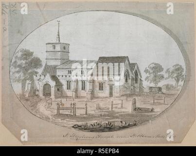 St. Stephen's Church, St. Albans in der Mitte; Grabsteine im Vordergrund; Bäume auf der linken Seite. St. Stephens Church in der Nähe von St Albans Herts. 1787. Feder und Tinte schwarz mit monochromen waschen. Quelle: Karten K. Top. 15.84. Ein. Sprache: Englisch. Autor: Baskerfield, Thomas. Stockfoto