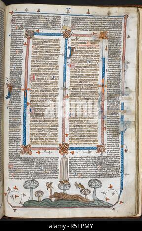 Ein Bas-de-Seite Szene einer haarigen Maria von Ägypten auf dem Boden liegend mit Vögeln über ihr nieder. Decretals von Gregor IX mit Glossa o (der "mithfield Decretals"). Frankreich, S. (Toulouse?); im letzten Viertel des 13. Jahrhunderts oder 1. Quartal des 14. Jahrhunderts. Quelle: Royal 10 E.IV, 279. Sprache: Latein. Autor: Raymond von PeÃ±afort, Editor. Bernhard von Parma, glossator. Stockfoto