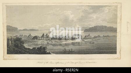 Ein Blick auf die Stadt und den Hafen von St. Peter und Paul in Kamtschatka, gezeichnet von John Webber. Ein Blick auf die Stadt und den Hafen von St. Peter und St. Paul (Petropavlovsk) auf den Eingang von avacha Bay suchen. Das Dorf liegt auf der sandigen Halbinsel mit Kamtschatka Sommer Hütten und Russische Hütten anmelden angezeigt. Ein Mann und eine Frau auf der linken Seite; ein Kanu mit drei Männer im zentralen Vordergrund, andere Gruppen von Figuren entlang der Küste; die Auflösung und die Entdeckung in der Bucht, weiter weg von einer schneebedeckten Gipfel. 1779, Kapitän James Cook's Entdeckung und Auflösung in der Bucht von Petropavlovsk-Kamc verankert Stockfoto