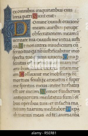 Text Seite mit ersten'. Mirandola Stunden. Italien, ca. 1490-1499. [Ganze folio] Text Seite aus der Bußpsalmen. Ende der Psalm 129 und Psalm 142 mit verzierten erste 'D' Bild von Mirandola Stunden genommen. Ursprünglich veröffentlicht in Italien produziert, ca. 1490-1499. Quelle: Hinzufügen. 50002, f 70. Sprache: Latein. Stockfoto
