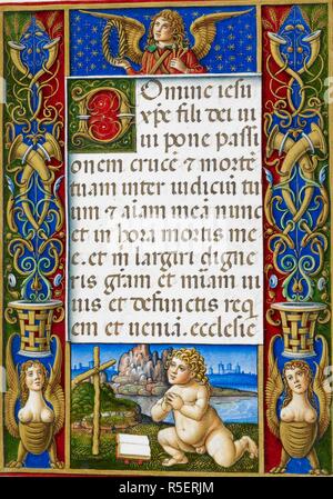 Text Seite von Stunden des Kreuzes mit verzierten Rand zeigt St. Andrew dargestellt als ein putto. Sforza Stunden. Mailand, ca. 1490; Flämische Insertionen, 1517-1520. Quelle: Hinzufügen. 34294, f 24. Sprache: Latein. Autor: Birago, Giovan Pietro. Stockfoto