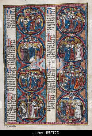 Biblische Szenen und moralizations in einer Serie von acht roundels. Bibel moralisÃ©e (Abschnitt des Oxford-Paris - London Bibel moralisÃ © e), enthält 1 Makkabäer 1 Makkabäer 14:57-2:46. Frankreich, Zentrale (Paris); 2. Quartal des 13. Jahrhunderts. Quelle: Harley 1526, f, 19. Sprache: Latein. Stockfoto