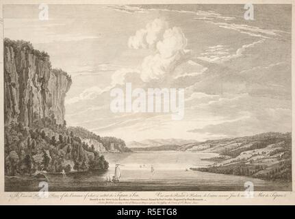 Schiffe segeln durch Tappan Zee auf dem Hudson River im Vordergrund, mit felsigen Ufern auf beiden Seiten und in den Bergen und Wäldern im Hintergrund. Ein Blick in den Hudson River's von dem Eingang der sogenannten Topan Meer = Vue Sur la Riviere d'Hudson, de l'Entree connue Sous Le nom de Mer de Topan. London: Veröffentlichen "nach dem Gesetz des Parlaments. Mai 20.1761, von Tho. s Jefferys die Ecke von St. Martin's Lane, [20. Mai 1761]. Ätzen und Gravieren. Quelle: 121.116 Karten K... a. Sprache: Englisch und Französisch. Autor: Schränke, Paul. Stockfoto