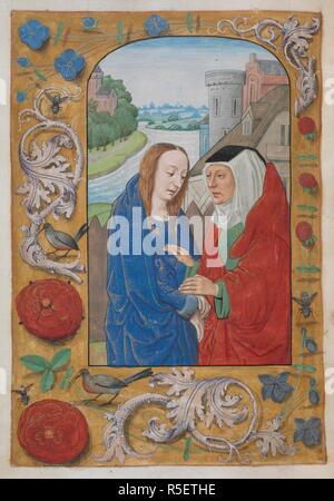 Die Visitation mit einer Streuung von Blumen, Insekten und Vögel. Buch der Stunden, Verwendung von Sarum. Niederlande, S. (Brügge); c. 1500. Quelle: King's 9, w.76 v. Sprache: Latein. Stockfoto