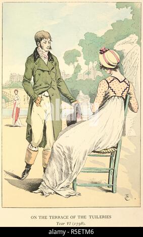 Der Jardin des Tuileries. Mode in Paris: Die verschiedenen Phasen des weiblichen t. W. Heinemann: London, 1898. Auf der Terrasse des Tuileries. Jahr VI (1798). Der Herr trägt eine grüne Jacke und Reitstiefel. Die Dame trägt eine weiße und rote beschmutzte Kleidung und Motorhaube. Bild von Mode in Paris getroffen: Die verschiedenen Phasen der weiblichen Geschmack und Ã¦ sthetics von 1797 bis 1897 Aus dem Französischen von Lady M. Loyd. Mit hundert Hand Tafeln und zwei hundert und fünfzig text Illustrationen von F. Courboin... Ursprünglich veröffentlichte/in W. Heinemann: London, 1898 produziert. . Quelle: 7746.de.8, Platte 3. Sprache: Engl Stockfoto