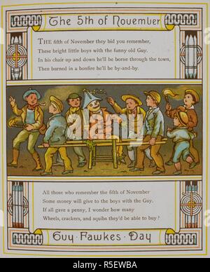 Der 5. November. Guy Fawkes Day. Eine Gruppe von Jungen mit einem Kerl. Abbildung von â € "London Stadt €™. London Town. Marcus Ward & Co.: London, 1883. Bild von: London Town. Verse von Felix Leigh. Quelle: 12805.9, Seite 47. Thema: Kran, Thomas. Stockfoto