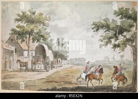 Der Hase und Knüppel Taverne auf der linken Seite, und die Pferde und eine Beförderung vor; Blackheath auf der rechten; Soldaten auf Pferden in der rechten Ecke; Windmühlen in der Ferne. Blick auf Schwarze Heide. c. 1780-1800. Feder und schwarzer Tusche mit Aquarell. Quelle: Karten K. Top. 18.5. b. Sprache: Englisch. Autor: Phillips, Thomas. Stockfoto