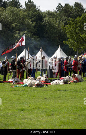 Schlacht von Bosworth Bereich Reenactment und Market Bosworth, Leicestershire, Großbritannien Stockfoto