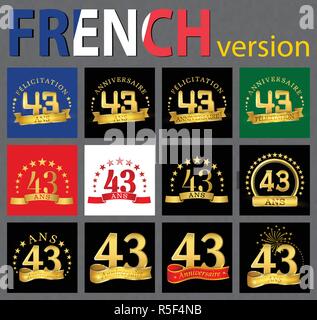 Einstellen der Feier Nr. 43 (43 Jahre) Design. Jahrestag goldene Vorlage Anzahl Elemente für Ihre Geburtstagsfeier. Von der Fren übersetzt Stock Vektor