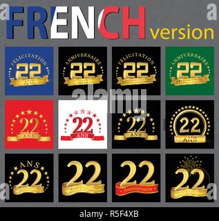 Einstellen der Feier Nr.22 (22 Jahre) Design. Jahrestag goldene Vorlage Anzahl Elemente für Ihre Geburtstagsfeier. Aus dem Französisch übersetzt Stock Vektor