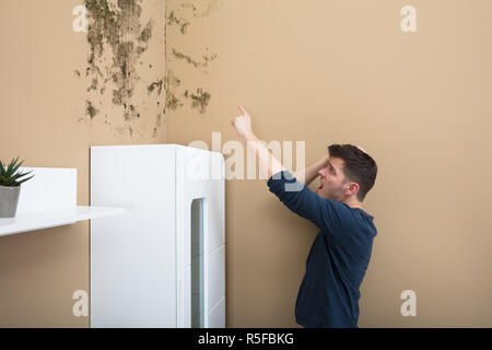 Schockiert Mann auf der Suche nach Schimmel an der Wand Stockfoto