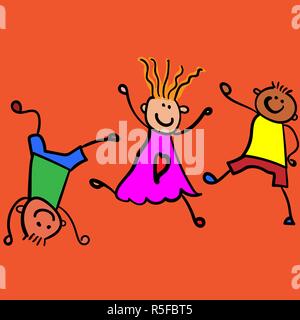 Drei Kinder beim Spielen. Stil der Zeichnung der Kinder. Vector Illustration. Orange hinterlegt. Stock Vektor