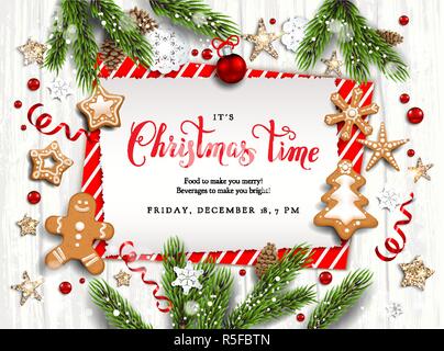 Urlaub Abbildung mit Kugeln, Lebkuchen, Sterne, Schneeflocken auf Holz Hintergrund. Weihnachten festliche Vorlage. Stock Vektor