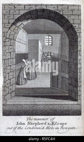 Jack Sheppard zu entgehen. Eine Erzählung von Alle Diebstähle, entkommt, &c. John applebee: London, 1724. Die Art und Weise der Jack Shepherd Flucht aus der verurteilen "Loch im Newgate. Bild aus einer Erzählung genommen aller Diebstähle, entkommt, &c. von John Sheppard: Genaue descrption der Art und Weise seines wunderbaren Flucht aus dem Schloss im newgate selbst geschrieben, nachdem er wiederholt im Drury-Lane [oder eher von D. Defoe] geschrieben. Zu der Präfix ist: d, eine wahre Darstellung seiner Flucht eingraviert auf eine Kupferplatte. Ursprünglich veröffentlicht in John applebee: London, 1724 produziert. . Quelle Stockfoto