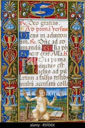 Text Seite von Stunden des Kreuzes mit verzierten Rand zeigt der Apostel Paulus dargestellt als ein putto. Sforza Stunden. Mailand, ca. 1490; Flämische Insertionen, 1517-1520. Quelle: Hinzufügen. 34294, f. 15v. Sprache: Latein. Autor: Birago, Giovan Pietro. Stockfoto