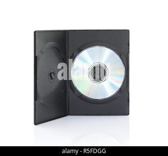 Dvd-Boxen mit Disc auf weißem Hintergrund Stockfoto