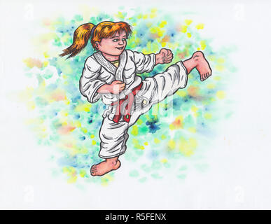 Eine abstrakte farbenfrohe Aquarelle Cartoon Illustration eines jungen Mädchen mit einem Karate Anzug, glücklich lächelnd und dabei eine Kick das gesamte Bild ist von Hand mit Tinte gezeichnet und mit Aquarell und die Unschärfe gefärbt ist vorgesehen und ein Teil von ihm. Stockfoto