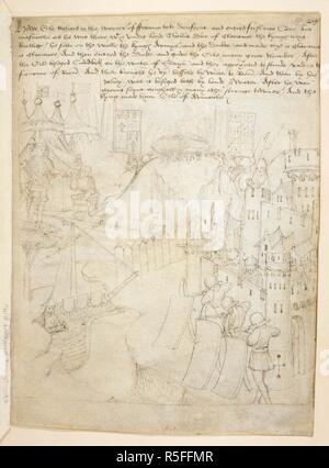 Pageant XXXVII. Richard Beauchamp, Graf von Warwick, erhält die Übergabe der Burg Caen, 19. September 1417. Auf der linken Seite, Warwick ergibt sich aus seinem Zelt Bestellungen auf ein Schütze, der kniend wird durch eine Kanone zu geben. Unten ist eine bewaffnete Schiff. Am Ufer des Flusses drei Bogenschützen Ziel nehmen mit Armbrüsten. Beauchamp Pageants. S. Niederlande [Brügge?]; nach 1483. Quelle: Baumwolle Julius E.IV, § 6, f19. Sprache: Englisch. Stockfoto