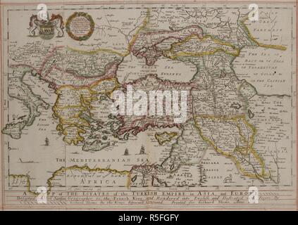 Karte des türkischen Reiches, aus dem 17. Jahrhundert. Ein mapp der Stände des türkischen Reichs in Asien und Europa/Entworfen von Mons [ieu] r Sanson. . . ; In englischer Sprache formuliert, und ilustrated [!] mit figurs [!]. . . Von Richard Blome. . . Anno 1669. ; Francis Lamm Sculp. London: Gedruckt für Richard Blome, 1669. Quelle: C. 39. d.2 Seite 4-5. Stockfoto