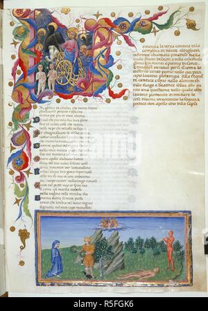 Aufstieg vom irdischen Paradies. Die göttliche Komödie. Italien [Toskana]; ca. 1442-1450. [Ganze folio] Paradiso, Canto I. Erste 'L', Christus in der Segen in einem goldenen Wagen gezeichnet von einem Griffon; Symbole der Evangelisten; zwei Seelen. Am Fuß, Dante bereitet die Kreise des Paradieses zu geben. Auf dem Gipfel des Parnassus Dante sucht Inspiration von Apollo, bietet ihm zwei Laurel Kränze; neben Apollo ist ein lorbeerbaum; der Musen auf einer Bank der Wolken, Marsyas und sprengten und Niederwerfen; Marsyas Spielen der Querflöte Bild von der Göttlichen Komödie. Ursprünglich veröffentlicht in Italien [Toskana] hergestellt; ca. Stockfoto