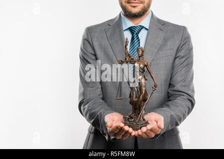 7/8 Schuß von Richter Holding lady Gerechtigkeit Statue isoliert auf weißem Stockfoto
