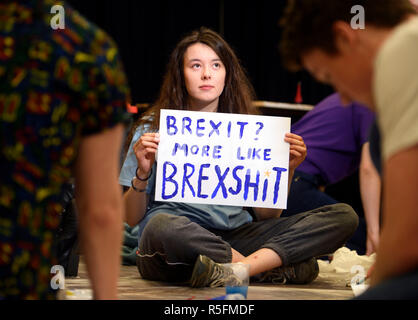 Studenten an der Bristol University Students' Union ein Banner und Plakate für März für eine Abstimmung oder zweites Referendum über Brexit vorbereiten Stockfoto