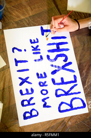 Studenten an der Bristol University Students' Union ein Banner und Plakate für März für eine Abstimmung oder zweites Referendum über Brexit vorbereiten Stockfoto