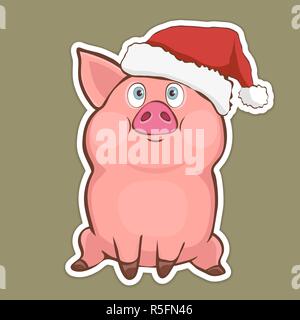 Lustige Schwein in Santa hat Aufkleber, Zeichen, Symbol, Design Elements, bunte Hand zeichnen, Zeichentrickfigur, Vector Illustration, Karikatur, isoliert Stock Vektor