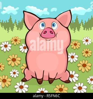 Cute funny pig Hand zeichnen, Vektor Cartoon Illustration, Poster, Banner, Karte, abdecken. Bunt bemalten komische süße Schweinchen sitzen auf einer Blumenwiese Stock Vektor