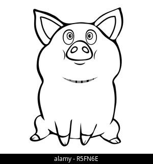 Cute funny Pig lineare Hand zeichnen, Zeichentrickfigur, Vector schwarz-weiß illustration, Aufkleber, Zeichen, Symbol, Design, Farbgebung, Skizze, ich Stock Vektor