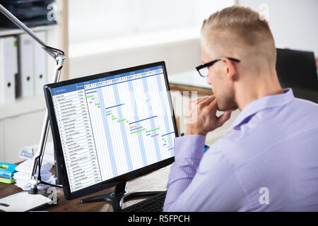 Geschäftsmann Analyse Gantt-diagramm auf dem Computer Stockfoto