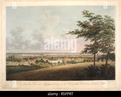 Ein Blick aus dem Park in der Nähe von Highgate, über das Hampstead Stauseen in Richtung London. Ein Blick von einem Hügel den Blick über das Wasser, Gras, Bäume und Gebäude; ein großer Baum im Vordergrund rechts; die Kuppel der St. Paul's Cathedral und London in der Ferne. . Ein Blick aus dem Park in der Nähe von Highgate Blick über die Hampstead Vorratsbehältern in Richtung London/von einer Originalzeichnung von F.J. Sarjent; Gestochen von F. Jukes. London: Veröffentlichte Novr 30 1804 durch F. Jukes Nr. 10 Howland Street. 1 Drucken: aquatinta und Ätzen mit hand-Färbung; plattenrand 43,4 x 57,5 cm (Unterkante Schnitt innerhalb von platem Stockfoto