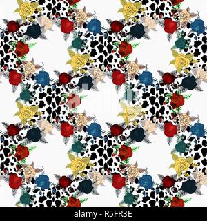 Vektor leopard Skin und Blumen nahtlose Muster. Hand gemalte Abbildung auf geometrischen Hintergrund Stock Vektor